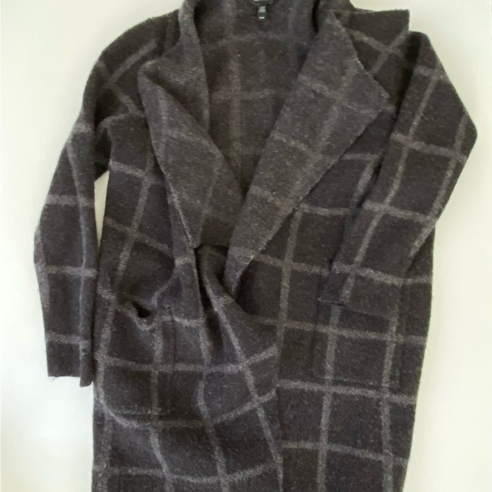 Eileen Fisher Charcoal Wool Windowpane Cardigan/Coat, Size Medium